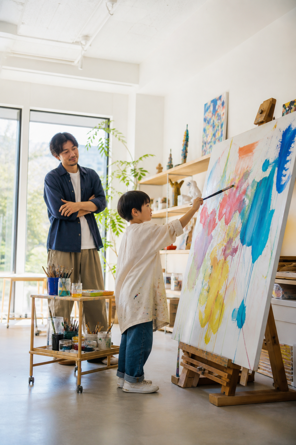 明るいアトリエで大きなキャンバスに絵を描く子どもを講師が見守るイメージ